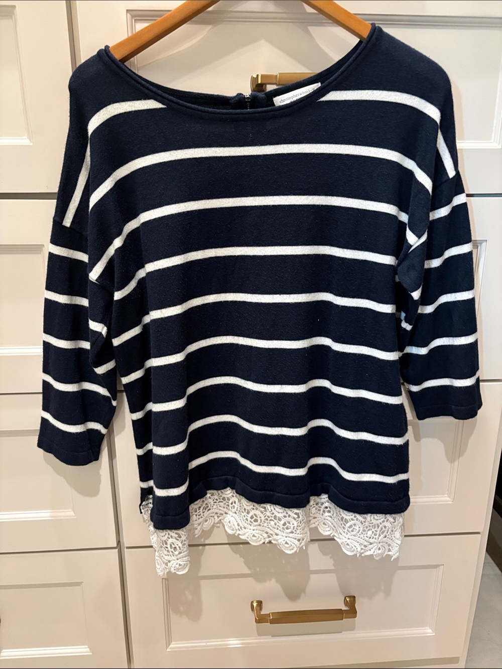 Christopher & Banks Navy and White Striped Scoop Neck Sweater with Lace Hem
